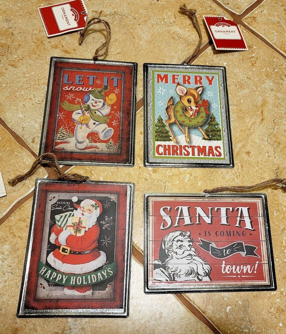 New HOLIDAY TIME Set of 4 Ornaments Tin Vintage Look Rudolph Frosty Santa 5.75"